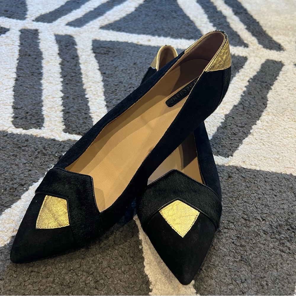 GUC Longchamp Black Gold Point Ballet Flats Leather and Calf Hair Authentic Shoe